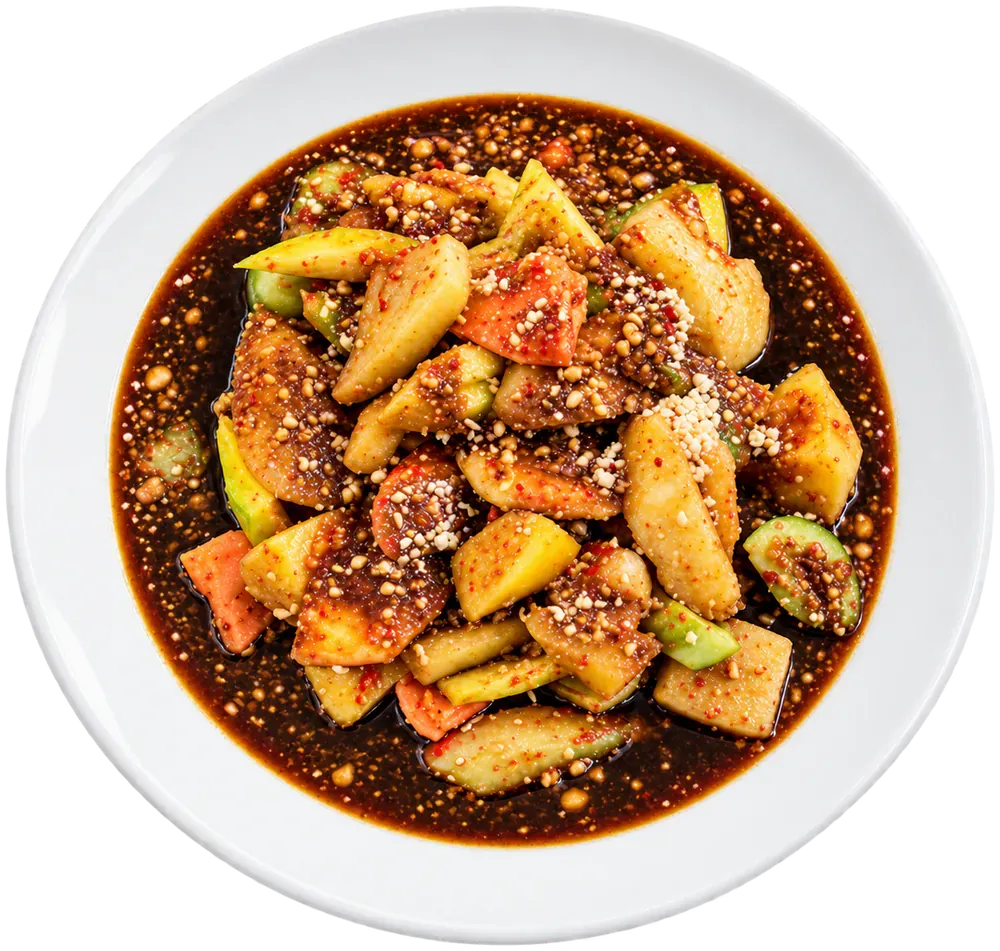 Sepiring rujak ebi: potongan buah dengan saus ebi dan taburan kacang mete