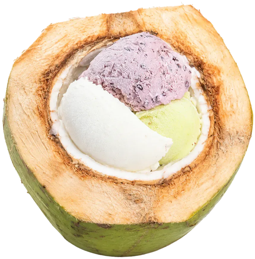 Es krim kelapa Uncle Ren: tiga scoop es krim, ungu, putih, dan hijau, di dalam batok kelapa muda
